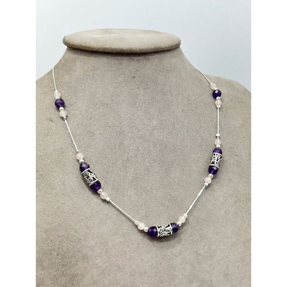 Amethyst & Pink Quartz Sterling Silver Station Necklace Signed PZ Israel 925 - Picture 3 of 7